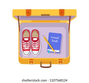 Case with travel book, pencil and red sneakers vector illustration of packed stuff into suitcase for traveling, capacious bag made in yellow color