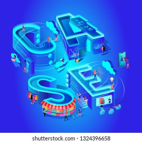 Case Vector Isometric Illustration Digital Cloud System Online Education Program Tablet. Young People in Online Store. Cloud Data Download Service Connection Through Protected Virtual World Service.