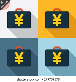 Case with Yen JPY sign icon. Briefcase button. Four squares. Colored Flat design buttons. Vector