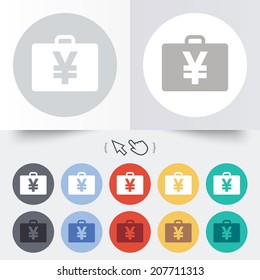 Case with Yen JPY sign icon. Briefcase button. Round 12 circle buttons. Shadow. Hand cursor pointer. Vector