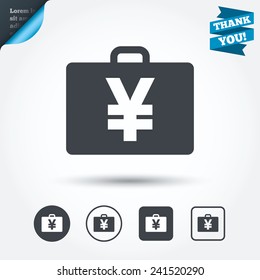 Case with Yen JPY sign icon. Briefcase button. Circle and square buttons. Flat design set. Thank you ribbon. Vector