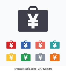 Case with Yen JPY sign icon. Briefcase button. Colored flat icons on white background.