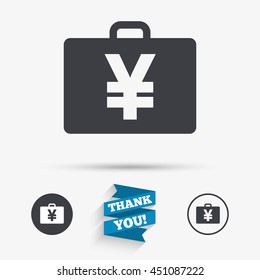 Case with Yen JPY sign icon. Briefcase button. Flat icons. Buttons with icons. Thank you ribbon. Vector