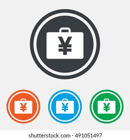 Case with Yen JPY sign icon. Briefcase button. Graphic design web element. Flat case symbol on the round button. Vector