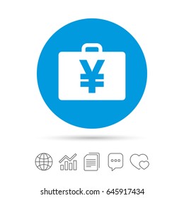 Case with Yen JPY sign icon. Briefcase button. Copy files, chat speech bubble and chart web icons. Vector