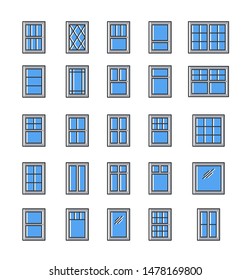 Casement & awning windows. Architecture elements. Flat icons isolated on white background. Traditional & french window frames