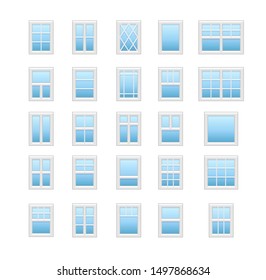 Casement & awning windows. Architecture elements. Flat icons isolated on white background. Traditional & french window frames