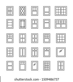 Casement & Awning Windows. Architecture Elements. Line Icons Isolated On White Background. Traditional & French Window Frames