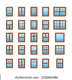 Casement & awning wooden windows. Architecture elements. Flat icons isolated on white background. Traditional & french window frames