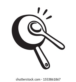 "Caserolazo", Spanish for making noise by banging pots and pans in protest. Hitting cooking pan with wooden spoon, black and white cartoon drawing. Isolated vector illustration.