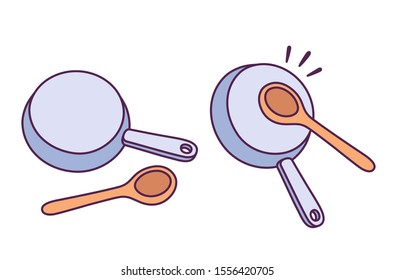 Caserolazo, Spanish for making noise by banging pots and pans in protest. Hitting cooking pan with wooden spoon, cartoon drawing. Kitchen utensils vector illustration.