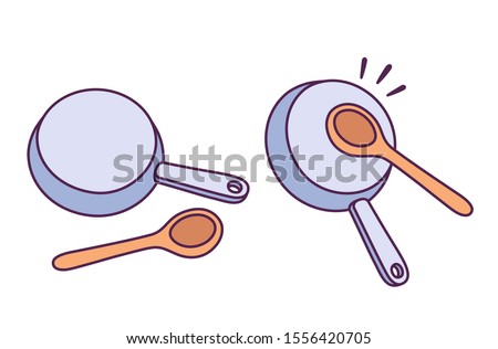 Caserolazo, Spanish for making noise by banging pots and pans in protest. Hitting cooking pan with wooden spoon, cartoon drawing. Kitchen utensils vector illustration.