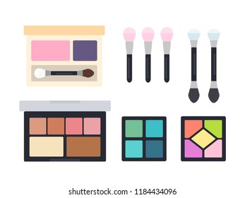 Cases with color compact shadows applicators and and brushes vector flat material design isolated on white