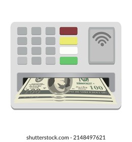 Cash 100 dollars in slot of ATM machine with keypad and contactless reader for plastic card isolated on white background. Vector illustration.