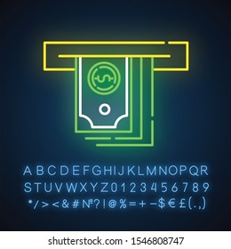 Cash Advance Neon Light Icon. Lending Money. Pay For Credit, Loan. Currency Withdrawal From ATM. Managing Finances. Glowing Sign With Alphabet, Numbers And Symbols. Vector Isolated Illustration