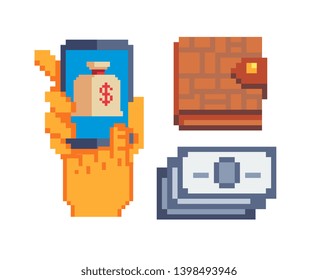 Cash app, pixel art icon, online money transfer, hands holding smart phone with banking payment app, purse, banknote, isolated vector illustration. Design for logo, sticker, web.