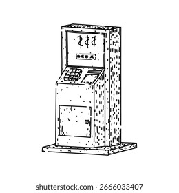 Cajero automático dibujado a mano. Retirar depósito, tarjeta de saldo, transacción bancaria Cajero automático Vector de la máquina Bosquejo. ilustración negra aislada