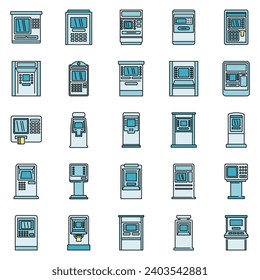 Cash atm machine icons set. Outline set of cash atm machine vector icons thin line color flat on white