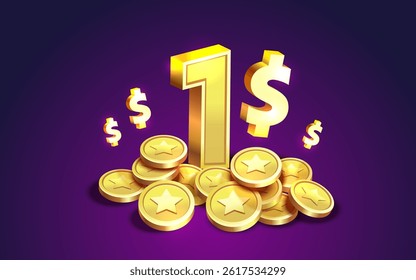 Cash back 1 dollar Percentage golden coins, financial save off. Vector illustration