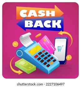 Cash Back. 3d illustration of payment by credit card via terminal, money and smartphone