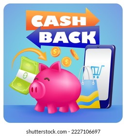 Cash Back. 3d illustration of piggy bank, smartphone, money and shopping bag