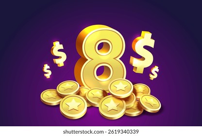 Cash back 8 dollar Percentage golden coins, financial save off. Vector illustration