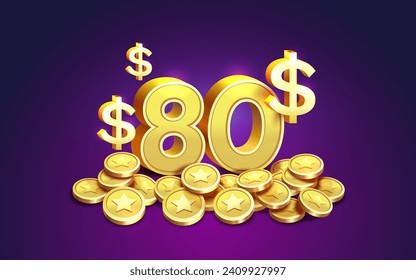 Cash back 80 dollar Percentage golden coins, financial save off. Vector illustration