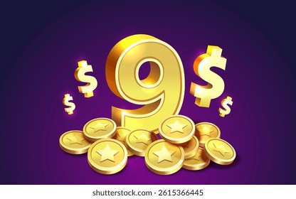 Cash back 9 dollar Percentage golden coins, financial save off. Vector illustration