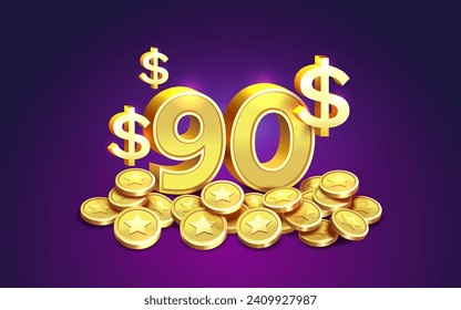 Cash back 90 dollar Percentage golden coins, financial save off. Vector illustration