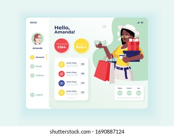 Cash back application tablet interface vector template. Mobile app page day mode design layout. User account balance screen. Flat UI for application. Profile information on portable device display