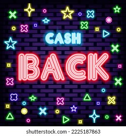 Cash Back Badge in neon style. Glowing with colorful neon light. Announcement neon signboard. Bright colored vector. Vector Illustration