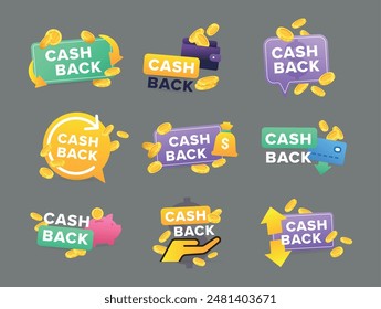 Cash back badge with wallet golden coin piggy bank and arrow design template set isometric vector illustration. Financial award service buy goods bonus commercial refund guarantee offer prize emblem