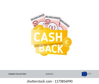 Cash back banner with 10 Euro Banknotes and coins. Flat style vector illustration. Shopping and sales concept. 