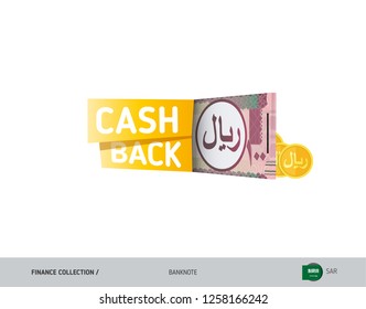 Cash back banner with 100 Saudi Arabia Riyal Banknotes and coins. Flat style vector illustration. Shopping and sales concept.