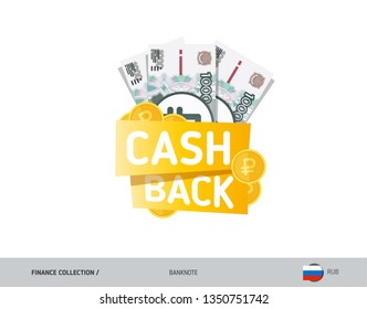 Cash back banner with 1000 Russian Ruble banknotes and coins. Flat style vector illustration. Shopping and sales concept.