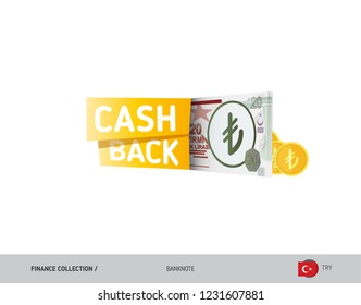 Cash back banner with 20 Turkish Lira Banknotes and coins. Flat style vector illustration. Shopping and sales concept. 