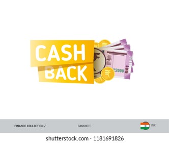 Cash back banner with 2000 Indian Rupee Banknotes and coins. Flat style vector illustration. Shopping and sales concept. 