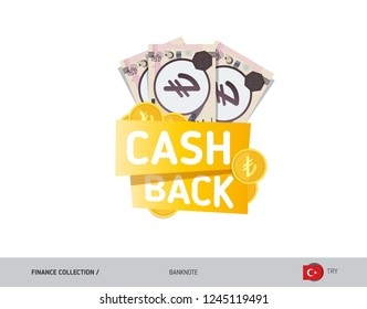 Cash back banner with 5 Turkish Lira Banknotes and coins. Flat style vector illustration. Shopping and sales concept.