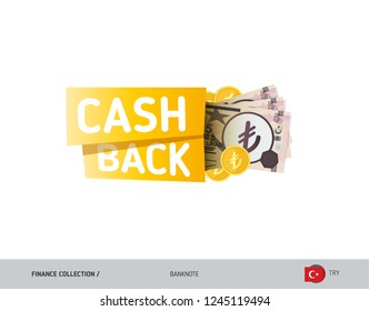 Cash back banner with 5 Turkish Lira Banknotes and coins. Flat style vector illustration. Shopping and sales concept.