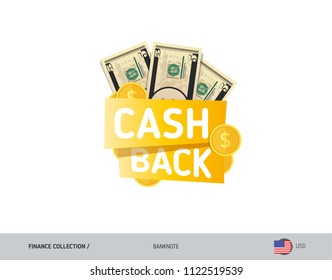 Cash back banner with 5 US Dollar Banknotes and coins. Flat style vector illustration. Shopping and sales concept.