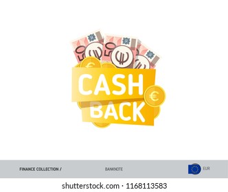 Cash back banner with 50 Euro Banknotes and coins. Flat style vector illustration. Shopping and sales concept.