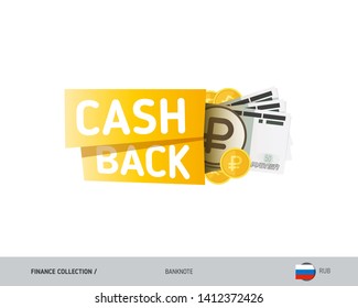 Cash back banner with 50 Russian Ruble banknotes and coins. Flat style vector illustration. Shopping and sales concept.