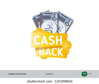 Cash back banner with 500 Saudi Arabia Riyal Banknotes and coins. Flat style vector illustration. Shopping and sales concept.