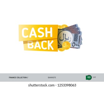 Cash back banner with 500 Saudi Arabia Riyal Banknotes and coins. Flat style vector illustration. Shopping and sales concept.