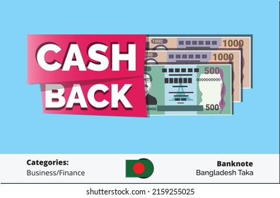 Cash back banner with bundle of 2500 Twenty Five Hundred Taka Bangladehi banknotes vector illustration.