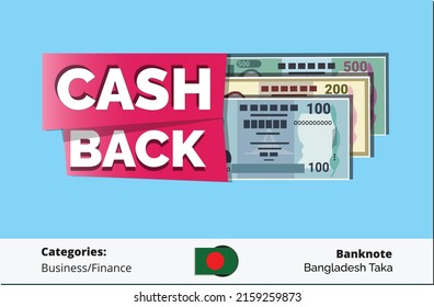 Cash back banner with bundle of 800 Eight Hundred Taka Bangladehi banknotes vector illustration.
