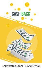 Cash Back banner with bundle of money and icon coins. The concept of financial and profitable offers. Vector illustration EPS10.