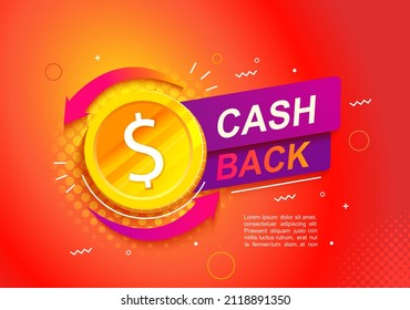 Banner publicitario brillante de Cash back. La promoción de los reembolsos, el servicio de dinero de reembolso ayudan a ahorrar financiación. Comprar hace dinero. Plantilla para su diseño. Símbolo de moneda de oro. Ilustración vectorial.