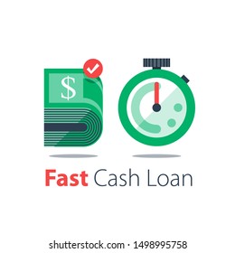 Cash back, bundle of bills and stopwatch, easy loan, instant payment, fast money transfer, financial services, vector flat illustration