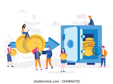 Cash back, Business finance concept vector illustration, money transaction, money back, happy people near big safe and golden coins.